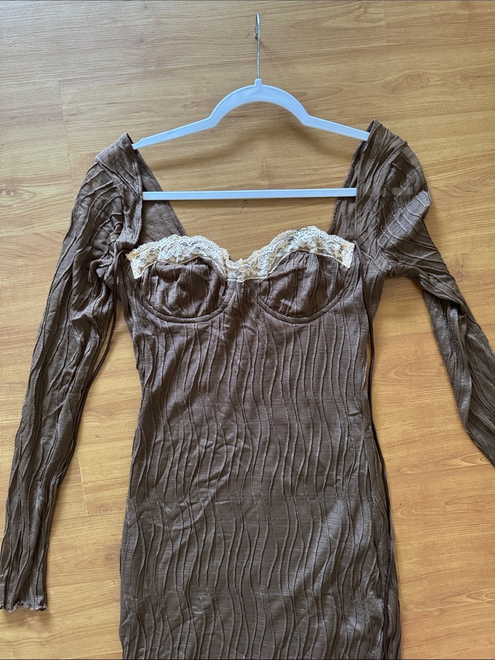 Fashion Nova Brown Ribbed Lace-Trim Bodycon Maxi Dress